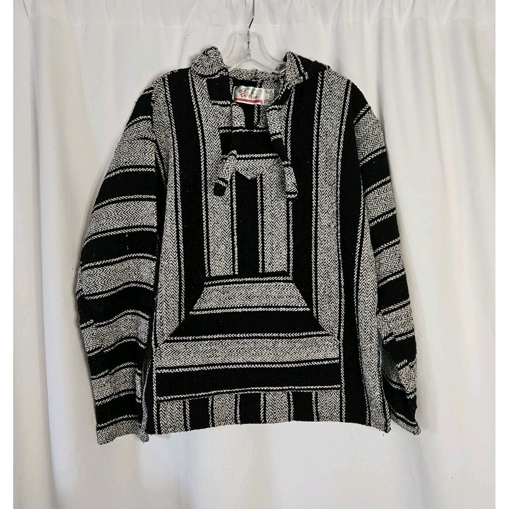 Mexican Baja‎ Hoodie Jacket Drug Rug Pullover Size L Hippie Surf Poncho